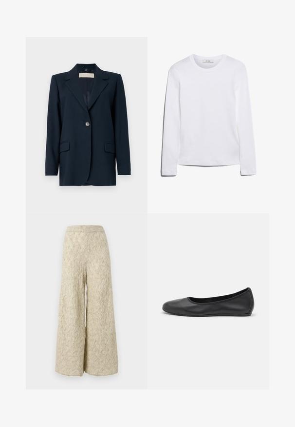 Navy blue blazer with a single button closure, sharp lapels, two front pockets, and a slightly structured fit. Smooth fabric texture.; Long-sleeve white T-shirt made of ribbed cotton, featuring a round neckline and a straight hem. Simple design with no patterns or accents.; Wide-leg pants in a light beige, knitted texture with a wavy pattern. Features an elastic waistband for comfort and a loose fit.; Black leather ballet flat with a rounded toe, smooth texture, minimal stitching detail, and a flexible sole design.