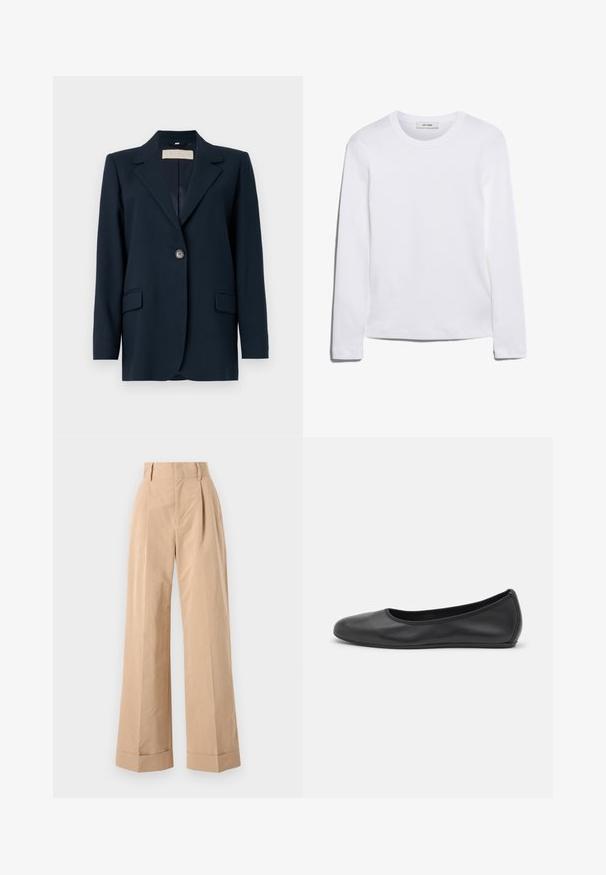Námornícky modrý blejzer so zapínaním na jedno tlačidlo, ostrými klopami, dvoma prednými vreckami a mierne štruktúrovaným strihom. Hladká textúra látky.; Dlhý rukáv biely tričko vyrobené z rebrovanej bavlny, s okrúhlym výstrihom a rovnými okrajmi. Jednoduchý dizajn bez vzorov alebo akcentov.; Béžové nohavice s širokými nohavicami a vysokým pásom, so záhybmi a hladkou textúrou. Rukávy sú prehnuté, čo pridáva na štruktúrovanosti.; Čierne kožené baleríny s okrúhlou špičkou, hladkým povrchom, minimálnym prešívaním a flexibilným dizajnom podrážky.