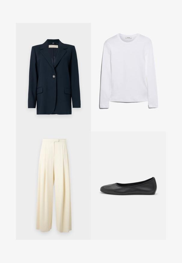 Námornícky modrý blejzer so zapínaním na jedno tlačidlo, ostrými klopami, dvoma prednými vreckami a mierne štruktúrovaným strihom. Hladká textúra látky.; Dlhý rukáv biely tričko vyrobené z rebrovanej bavlny, s okrúhlym výstrihom a rovnými okrajmi. Jednoduchý dizajn bez vzorov alebo akcentov.; Široké nohavice v svetlej krémovej farbe, s plochým predným dielom, skladmi a hladkou textúrou látky. Žiadne viditeľné kovania alebo akcenty.; Čierne kožené baleríny s okrúhlou špičkou, hladkým povrchom, minimálnym prešívaním a flexibilným dizajnom podrážky.