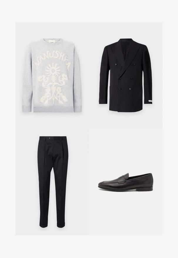 Dvojno zapenjalo črno blazer iz fine tkanine, z dvema sprednjima žepoma, zareznimi reverji in črnimi gumbi. Prilagojena obleka.; Svetlo siva kapuča s belim teksturiranim cvetličnim vzorcem in besedilom "Nanushka", ki se ukrivlja nad vzorcem spredaj.; Črne hlače iz gladkega materiala, z zavihkom spredaj, gumbom za zapiranje in zvitim robom ob gležnjih.; Moški črni usnjeni loafer s nizkim peto in klasičnim penny trakom, prikazan v bočnem profilu na belem ozadju.