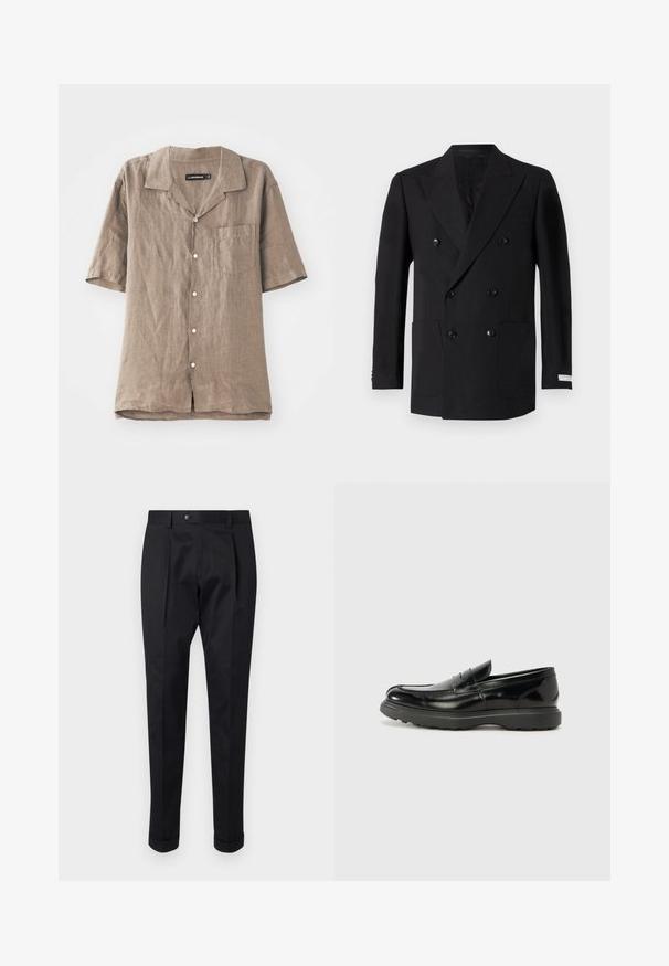 Dubbelzijdige zwarte blazer van fijne stof, met twee voorzakken, geknipt revers en zwarte knopen. Perfecte pasvorm.; Lichtbruine linnen shirt met korte mouwen, een kraag, een borstzak en sluiting met knopen aan de voorkant. Zachte textuur met een natuurlijk weefpatroon.; Zwarte broek gemaakt van een gladde stof, met een plooi aan de voorkant, een knopen sluiting en opgerolde manchetten bij de enkels.; Zwarte leren instapper met een glanzende afwerking, een ronde neus, subtiele stiksels en een dikke rubberen zool voor duurzaamheid.