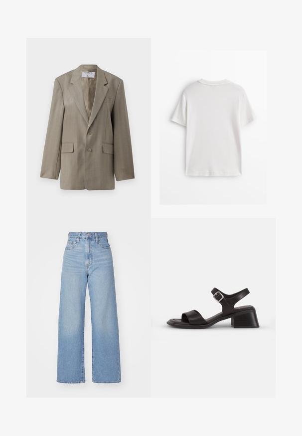 Filippa K - Żakiet; Biała bawełniana koszulka z krótkim rękawem, okrągłym dekoltem i gładką fakturą. Tył jest gładki, bez dodatkowych wzorów czy zdobień.; Jasnoniebieskie jeansy z wysokim stanem i szerokimi nogawkami, z zapięciem na guziki i zamek z przodu, przednie i tylne kieszenie, na białym tle.; Czarne skórzane sandały z otwartym noskiem, szerokim paskiem na stopie i paskiem wokół kostki z metalowym zapięciem w kolorze srebrnym. Projekt na słupkowym obcasie.