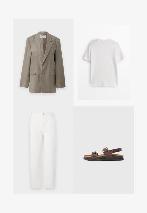 Filippa K Blazer - khaki beige; Hvid bomuld t-shirt med korte ærmer, rund hals og en glat tekstur. Bagsiden er ensfarvet uden ekstra mønstre eller designs.; Hvide straight-leg jeans lavet af denim, med knaplukning, to frontlommer og rene syninger. Simpelt design uden synlige mønstre.; Brune lædersandaler med to justerbare stropper med metalliske spænder, en polstret sål og en fleksibel sort gummisål.