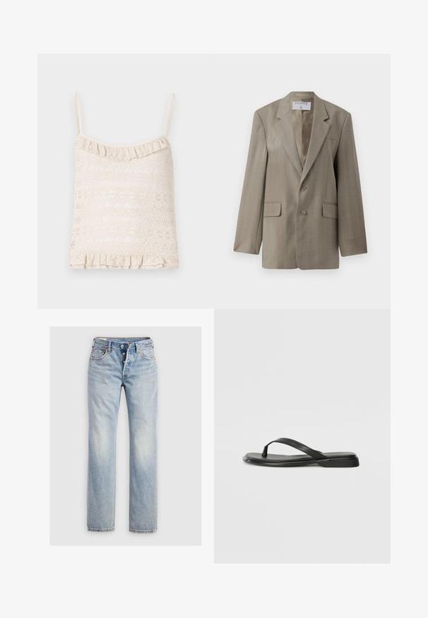 Filippa K Blazer - khaki beige; Lace camisole in light beige with adjustable thin straps, ruffled hem, and intricate patterned texture throughout the fabric.; Light blue denim jeans featuring a straight-leg design, five-button fly, and back pockets with subtle stitching detail.; Black flip-flop made of smooth leather, featuring a thin strap design and a flat sole with a minimal profile. No notable patterns or accents.