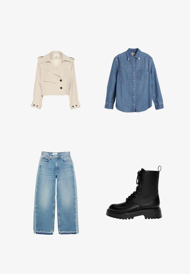 Beige zkrácená bunda vyrobená z hladké tkaniny, s velkým límcem, dvouřadovým zapínáním na knoflíky a klopovými kapsami.; Světle modrá džínsová košile s dlouhými rukávy, špičatým límcem, dvěma kapsami na prsou a kontrastním prošíváním. Obsahuje design hřebenu ve westernovém stylu.; Světle modré džínové kalhoty širokého střihu, vyrobené z denimu, s vysokým pasem, zapínáním na knoflík, předními kapsami a surovým lemem.; Černé kotníkové boty na šněrování vyrobené z umělé kůže, vybavené masivní podrážkou, poutkem pro snadné nazouvání a výrazným prošíváním.