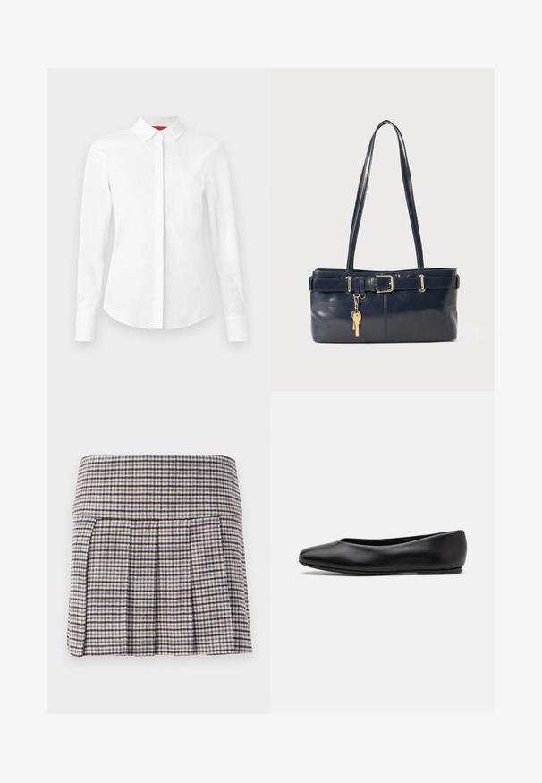 Blazer doppiopetto bordeaux con motivo a righe, con rever a punta, due tasche frontali e bottoni neri. Texture liscia. Interno foderato.; Camicia bianca a maniche lunghe con colletto a punta, placca di bottoni nascosta e vestibilità su misura, su uno sfondo semplice.; Gonna plissettata con un motivo a quadri nei toni marrone, beige e blu. Realizzata in un tessuto texturizzato con una vita aderente e pieghe decorative.; Paul Smith TOPANGA - Ballerine - black; Borsa a mano in pelle blu con due manici lunghi, un dettaglio con fibbia e un portachiavi attaccato. Presenta una texture liscia e una forma rettangolare.