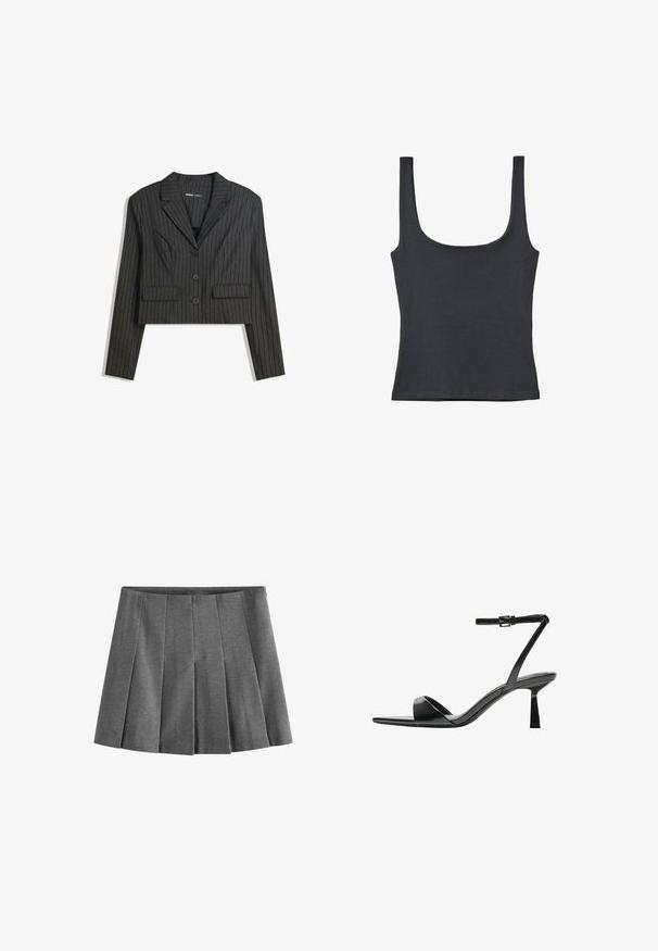 Blazer court gris foncé à fines rayures verticales, avec un col anglais, une fermeture à bouton et deux poches avant.; Débardeur noir en mélange de coton doux, avec un col rond et des bretelles larges, au design ajusté et sans motifs visibles.; Jupe plissée grise en tissu doux, avec des plis en forme de couteau espacés uniformément et une ceinture pour un ajustement parfait.; Bershka Sandales à talons hauts - black