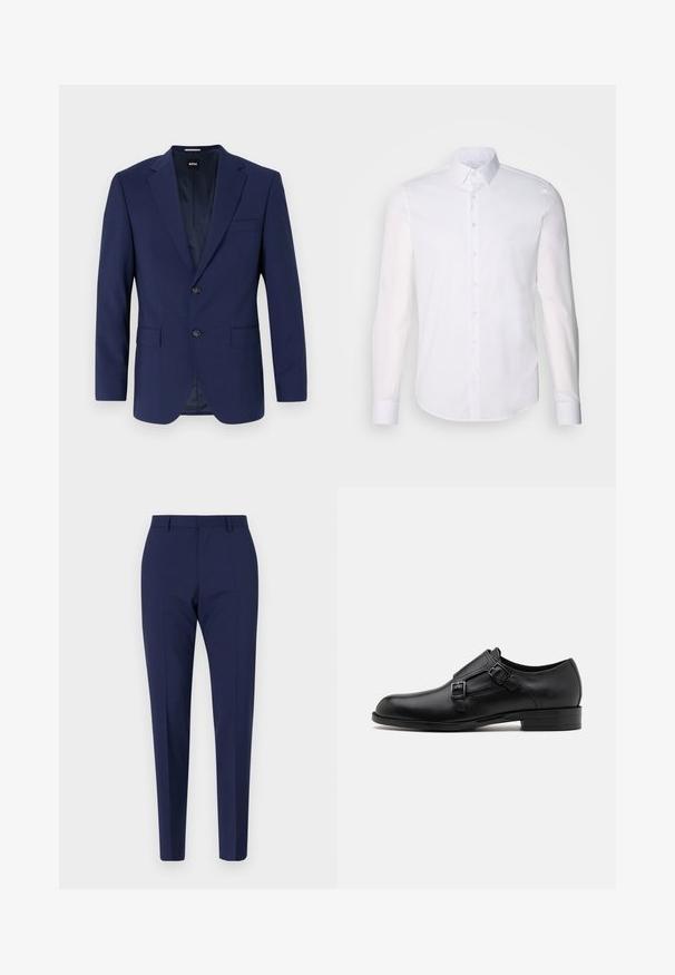 Sötétkék blézer, strukturált vállakkal, egysoros fazon, két elülső zseb, egy gombos zárás, sima anyag és diszkrét belső minta.; Fehér, hosszú ujjú, gombos ing, pamutból készült, klasszikus gallérral, elöl gombokkal és minimalista varrási részletekkel.; Sötétkék, testre szabott nadrág, slim fit szabással, sima textúrával, lapos elülső résszel és hajtott lábakkal. Nincsenek látható zsebek vagy díszítések.; Fekete bőrcipő, dupla csattal, letisztult sziluettel és kerek orral. Alacsony sarka és sima felülete van.