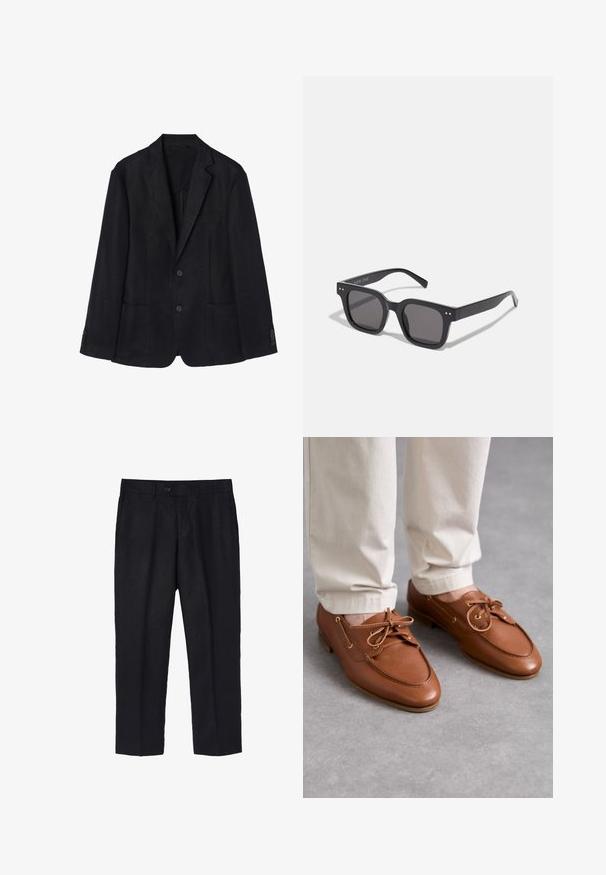 Blazer in lino blu navy con chiusura a due bottoni, revers con notto, due tasche frontali e polsini con bottoni per un profilo elegante.; T-shirt in bianco e nero con colletto a giro, maniche corte, realizzato in tessuto di cotone, dalla texture liscia, con branding sul colletto.; Pantaloni in lino neri con una vestibilità su misura, caratterizzati da un unico bottone frontale, pieghe e gambe dritte. Tessuto liscio con una finitura leggera.; Bally PATHY - Stringate - deserto; Occhiali da sole neri rettangolari con lenti scure, dotati di una montatura spessa, accenti sottili sui lati e senza loghi visibili oltre al nome del marchio.; Orologio in acciaio inossidabile argentato con quadrante nero, indicatori di ora marcati, visualizzazione della data e resistenza all'acqua fino a 50 metri.; Bracciale in metallo argento con finitura liscia e opaca. Presenta un design aperto con bordi arrotondati, che consente di regolare la misura.