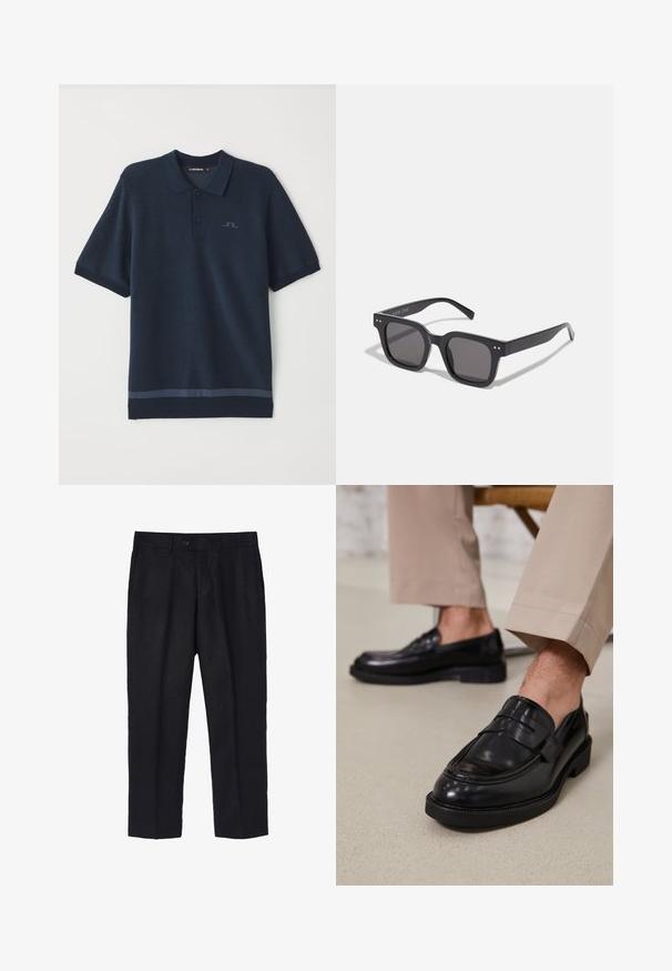 Jūras flotes linu blazeris ar divu pogu priekšpusi, izduru apakšmalām, divām priekšējām kabatām un pogājamām piedurknēm, nodrošina elegantu siluetu.; Navy zila polo krekls ar teksturētu audumu, īsām piedurknēm, pogu aizdari un diskrētu logo uz krūtīm. Apakšā ir kontrastējoša apdare.; Melnas lina bikses ar piegriezumu, kas ir pielāgots, ar vienu priekšējo pogu, krokām un taisnām kājām. Gluda tekstūra ar vieglu apdari.; Melni ādas mokasīni ar gludu virsmu, ar dekoratīvu joslu un kontrastējošām šuvēm, apvienoti ar beidža krāsas biksēm.; Melnas taisnstūra saulesbrilles ar tumšiem stikliem, kuras iezīmē bieza rāmja konstrukcija, diskrēti akcenti sānos, un nav redzamu logo ārpus zīmola nosaukuma.; Sudraba nerūsējošā tērauda pulkstenis ar melnu ciparnīcu, marķētām stundām, datuma rādījumu un ūdensizturību līdz 50 metriem.; Sudraba metāla aproce ar gludu, matētu apdari. Ievērojama ir atvērtā dizaina īpašība ar noapaļotiem galiem, kas ļauj pielāgot izmēru.