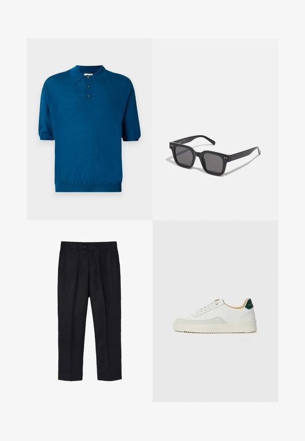 Blazer in lino blu navy con chiusura a due bottoni, revers con notto, due tasche frontali e polsini con bottoni per un profilo elegante.; Polo a maniche corte di un profondo teal, realizzato in tessuto morbido. Caratterizzato da un colletto, una chiusura con tre bottoni e un orlo elasticizzato per un fit rilassato.; Pantaloni in lino neri con una vestibilità su misura, caratterizzati da un unico bottone frontale, pieghe e gambe dritte. Tessuto liscio con una finitura leggera.; Sneaker bianco con accenti in camoscio, punta rotonda, lacci piatti e suola in gomma crema. Presenta un marchio verde sul tallone.; Occhiali da sole neri rettangolari con lenti scure, dotati di una montatura spessa, accenti sottili sui lati e senza loghi visibili oltre al nome del marchio.; Orologio in acciaio inossidabile argentato con quadrante nero, indicatori di ora marcati, visualizzazione della data e resistenza all'acqua fino a 50 metri.; Bracciale in metallo argento con finitura liscia e opaca. Presenta un design aperto con bordi arrotondati, che consente di regolare la misura.