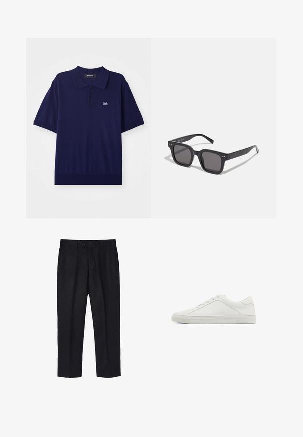 Navy linen blazer features a two-button front, notched lapels, two front pockets, and buttoned cuffs for a sleek silhouette.; Navy blue short-sleeve polo shirt, made of soft fabric, featuring a collar, three buttons, and a small embroidered "D2" logo on the chest.; Black linen trousers with a tailored fit, featuring a single front button, pleats, and straight legs. Smooth texture with a lightweight finish.; White leather sneaker with rounded toe, flat outsole, and minimalistic design. Features six eyelets and a subtle seam detail on the side.; Black rectangular sunglasses with dark lenses, featuring a thick frame, subtle accents on the sides, and no visible logos beyond the brand name.; Silver stainless steel watch with a black dial, marked hour indicators, date display, and water resistance up to 50 meters.; Silver metal cuff bracelet with a smooth, matte finish. Features an open design with rounded edges, allowing for adjustable sizing.