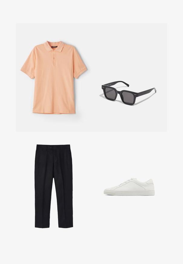 Granatowa lniana marynarka ma zapięcie na dwa guziki, wycięte klapy, dwie przednie kieszenie oraz mankiety zapinane na guziki, co tworzy elegancką sylwetkę.; Koszulka polo w kolorze brzoskwiniowym, wykonana z bawełny. Ma klasyczny kołnierzyk, krótkie rękawy i subtelne logo na piersi. Miękka tekstura, prosty design.; Czarne lniane spodnie o dopasowanym kroju, z pojedynczym zapięciem na guzik z przodu, zakładkami i prostymi nogawkami. Gładka tekstura z lekkim wykończeniem.; Białe skórzane sneakersy z okrągłym noskiem, płaską podeszwą i minimalistycznym designem. Zawierają sześć oczek i subtelny detal szwu z boku.; Czarne prostokątne okulary przeciwsłoneczne z ciemnymi soczewkami, charakteryzujące się grubą oprawką, subtelnymi akcentami po bokach i brakiem widocznych logo poza nazwą marki.; Srebrny zegarek ze stali nierdzewnej z czarną tarczą, oznaczonymi wskaźnikami godzinowymi, wyświetlaczem daty oraz wodoodpornością do 50 metrów.; Srebrna metalowa bransoletka w formie mankietu o gładkim, matowym wykończeniu. Posiada otwartą konstrukcję z zaokrąglonymi krawędziami, umożliwiającą regulację rozmiaru.