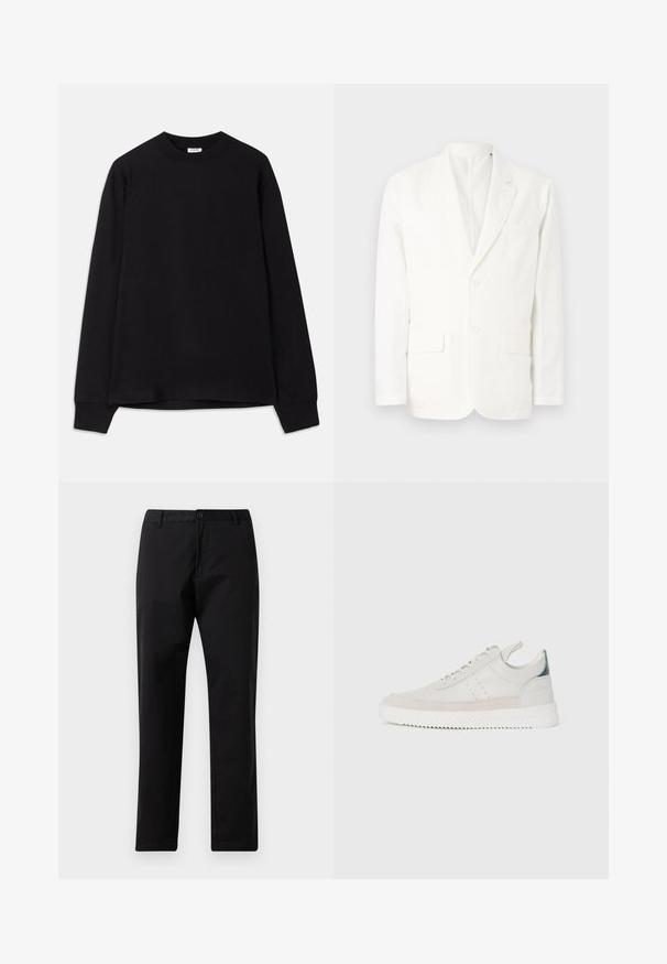 Blazer en coton blanc avec revers crantés, deux poches avant, deux boutons et une poche poitrine. Design simple et épuré avec une coupe ajustée.; T-shirt noir à manches longues en coton doux. Présente un col rond, une coupe ample et des poignets côtelés. Aucun motif ou logo visible.; Pantalons noirs à jambe droite avec fermeture à bouton et zip, passants de ceinture et poches avant, présentés sur un fond blanc.; Baskets en cuir blanc avec des accents en daim gris, à lacets, avec languette de traction et semelle en caoutchouc texturé avec un motif en zigzag.