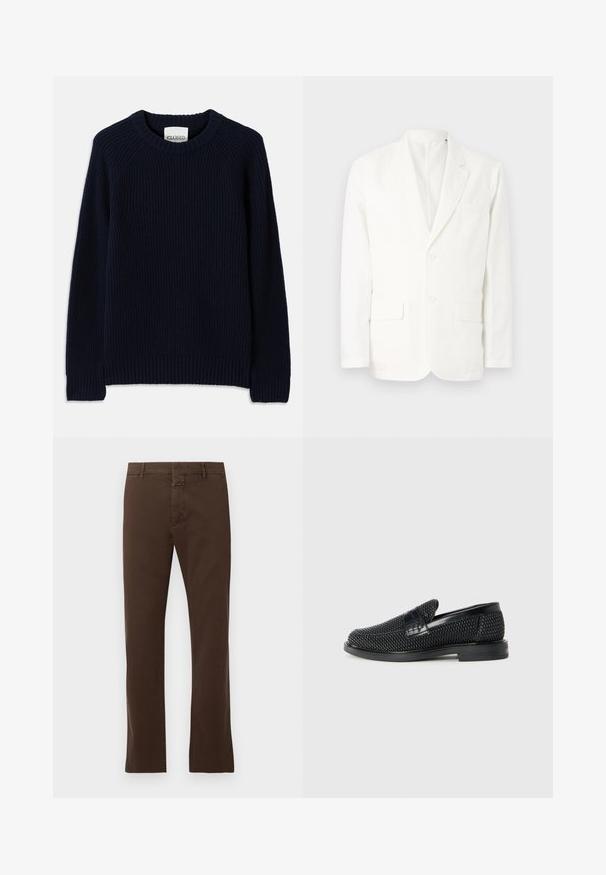 Balta medvilnė švarkas su ištrauktomis atlapais, dviem priekinėmis kišenėmis, dviem mygtukais ir viena krūtine kišene. Paprastas, švarus dizainas su pritaikytu siluetu.; Tamsiai mėlyna guma trikotažo megztinis su apvalia iškirpte ir ilgomis rankovėmis. Yra tiesus apatinis kraštas ir tekstūruotas raštas visame megztinyje.; CLOSED CLIFTON TRUE - Chino stiliaus kelnės - espresso brown; Juodas pintas slip-on tipo batelis su lygiu odiniu akcentu viršuje, apvalios nosies dizainas ir žemas guminis padas.