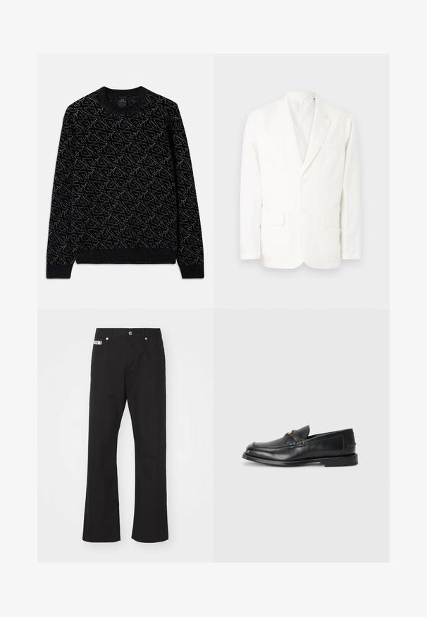 Bílý bavlněný blazer s klopami, dvěma předními kapsami, dvěma knoflíky a jednou náprsní kapsou. Jednoduchý, čistý design s přiléhavým střihem.; Černý svetr s texturovaným vzorem v tmavě zelené barvě. Má kulatý výstřih, dlouhé rukávy a manžety a lemování s žebrovaným vzorem.; Černé bavlněné kalhoty s rovnými nohavicemi, s předním zapínáním na knoflík, dvěma bočními kapsami a malou značkovou nášivkou na pásku.; Černé kožené loafers mají zaoblenou špičku, šité detaily a malý zlatý akcent na přední straně. Podešev je plochá a nenápadná.