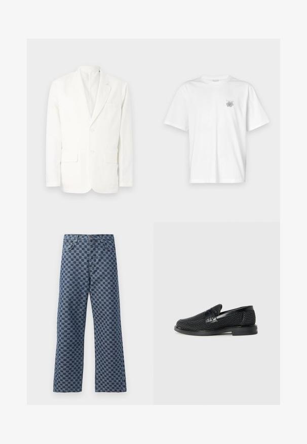 Balta medvilnė švarkas su ištrauktomis atlapais, dviem priekinėmis kišenėmis, dviem mygtukais ir viena krūtine kišene. Paprastas, švarus dizainas su pritaikytu siluetu.; Balta medvilninė marškinėlių, su trumpomis rankovėmis, apykaklė nei per aukšta, nei per žema, ir mažas pilkas logotipas kairėje krūtinės pusėje. Lygi tekstūra.; Mėlynos džinsinės kelnės su kartojančiu geometriniu raštu, penkiais kišenėmis, mygtuko uždarymu ir plačiomis kojomis.; Juodas pintas slip-on tipo batelis su lygiu odiniu akcentu viršuje, apvalios nosies dizainas ir žemas guminis padas.