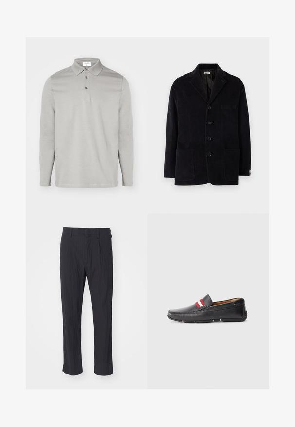 Čierna kordurová bunda s klopovým golierom, štyrmi prednými gombíkmi, dvoma veľkými vreckami a ďalším vreckom na hrudi. Mäkká textúra, prispôsobený strih.; Dlhý rukáv polo tričko v svetlosivej farbe, vyrobené z mäkkej látky. Má klasický golier, uzatváranie na tri gombíky a jemné švy.; Čierne plisované nohavice z textúrovanej látky, s rovno strihanými nohavicami a štandardným pásom. Bez viditeľných vreciek alebo kovania.; Čierne kožené nazúvacie topánky s textúrovaným povrchom, červeným a bielym pruhovaným akcentom na vrchu, zaoblenou špičkou a gumovou podrážkou.