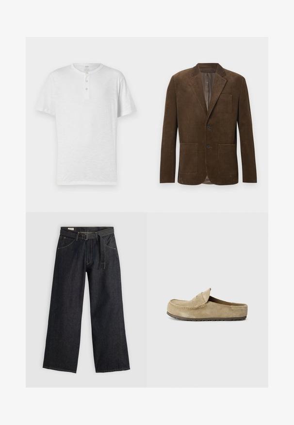 Blazer de pana marrón con diseño de un solo botón, dos bolsillos frontales, un bolsillo en el pecho y forro interior suave.; Camiseta henley blanca de manga corta con botón de tres, hecha de un tejido ligero y ligeramente texturizado. Cuello redondo, ajuste casual.; Pantalones de mezclilla oscuros de pierna ancha con cintura ajustada, que cuentan con bolsillos frontales y costuras en contraste. Textura suave con un diseño limpio.; Birkenstock NAPLES WRAPPED LEVE TAUPEN - REGULAR - Sandalias planas - taupe