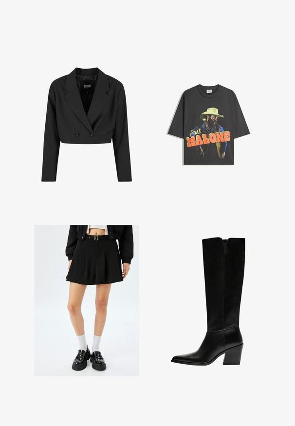 Sort cropped blazer lavet af glat stof. Har en dobbeltradet front med to sorte knapper og skarpe revers. Lange ærmer inkluderet.; Sort bomulds T-shirt med et frontgrafik af en skægget mand med en gul cowboyhat og blå skjorte, med "Post Malone" i fede bogstaver.; Sort plisseret miniskørt med bælte, lavet af glat stof. Kombineret med patentlæder loafers og hvide ankelsokker.; Sorte knæhøje støvler lavet af glat læder, med spids tå, blokhæl og en V-formet udskæring foroven.