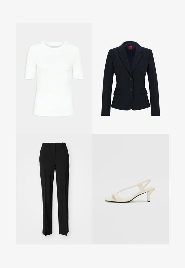 Navy blue blazer in tailored design featuring a notched lapel, two-button closure, and two front pockets. Lined interior with logo pattern.; White short-sleeve t-shirt made of soft cotton. Features a round neckline and a fitted silhouette with no patterns or visible hardware.; Black tailored trousers with a straight-leg design, featuring a smooth texture and crisp creases along the front. No visible hardware.; Beige block-heeled sandals with thin straps and a square toe. Smooth material with minimal detailing, designed for easy wear.