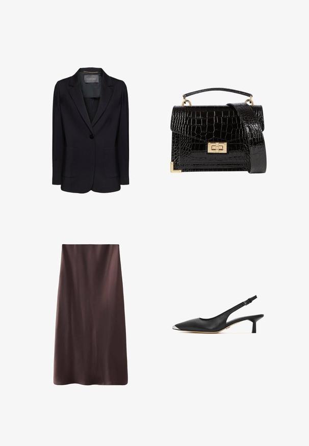 Black blazer with a tailored fit, single button closure, and two front pockets. Smooth fabric with a notch lapel and subtle interior detailing.; White long-sleeve shirt made of smooth fabric, featuring a classic collar, button front, and curved hem. Simple design with no patterns.; Brown midi skirt with a smooth, satin-like texture. Simple design, straight shape, and hemmed edges for a clean finish. No visible fastenings.; Black leather slingback shoe with pointed toe, silver-tone cap, low block heel, and an open back design. Smooth texture and minimal detailing.; Black patent leather handbag with a crocodile texture, gold hardware, a top handle, and a detachable shoulder strap. Rectangular shape with a flap closure.
