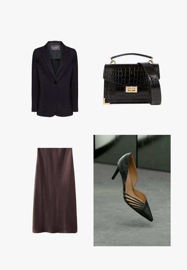 Black blazer with a tailored fit, single button closure, and two front pockets. Smooth fabric with a notch lapel and subtle interior detailing.; White long-sleeve shirt made of smooth fabric, featuring a classic collar, button front, and curved hem. Simple design with no patterns.; Brown midi skirt with a smooth, satin-like texture. Simple design, straight shape, and hemmed edges for a clean finish. No visible fastenings.; Black high-heeled shoe featuring a pointed toe, textured exterior, and distinctive side cutouts, displayed against a neutral background.; Black patent leather handbag with a crocodile texture, gold hardware, a top handle, and a detachable shoulder strap. Rectangular shape with a flap closure.