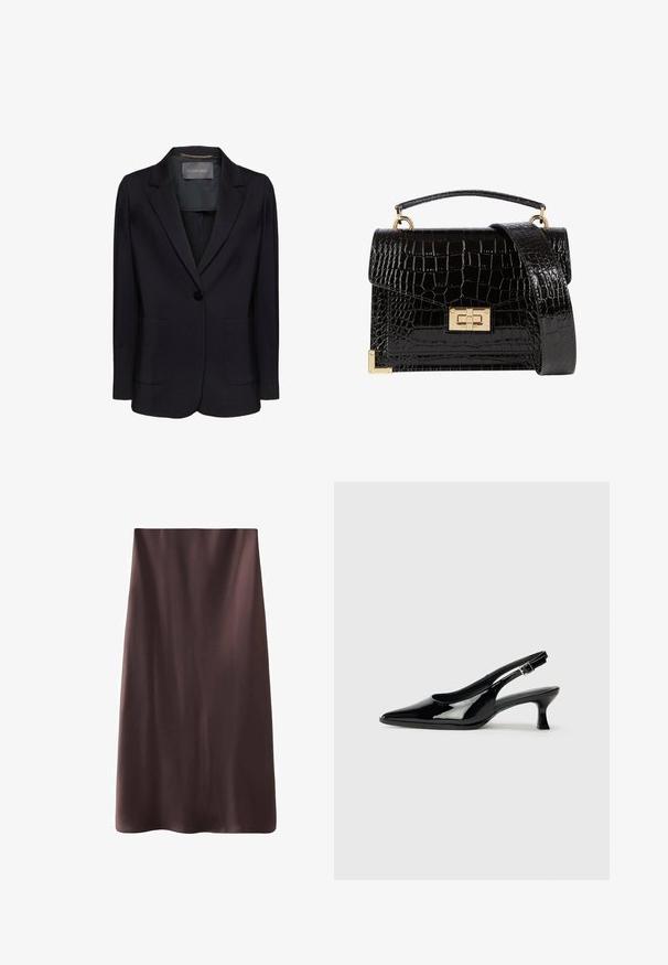 Zwarte blazer met een getailleerde pasvorm, enkele knoopsluiting en twee voorzakken. Glad materiaal met een geknoopte revers en subtiele interieurdetails.; Witte longsleeve shirt gemaakt van een gladde stof, met een klassieke kraag, knoopsluiting aan de voorkant en een gebogen zoom. Eenvoudig ontwerp zonder patronen.; Bruine midi-rok met een gladde, satijnachtige textuur. Eenvoudig ontwerp, rechte vorm en afgewerkte randen voor een nette afwerking. Geen zichtbare sluitingen.; Zwarte lakleren slingback schoenen met een spitse neus en een lage blokhak. Verstelbare gespband bij de enkel.; Zwarte patenten leren handtas met een krokodillenstructuur, gouden hardware, een bovenhandvat en een afneembare schouderband. Rechthoekige vorm met een klepafsluiting.