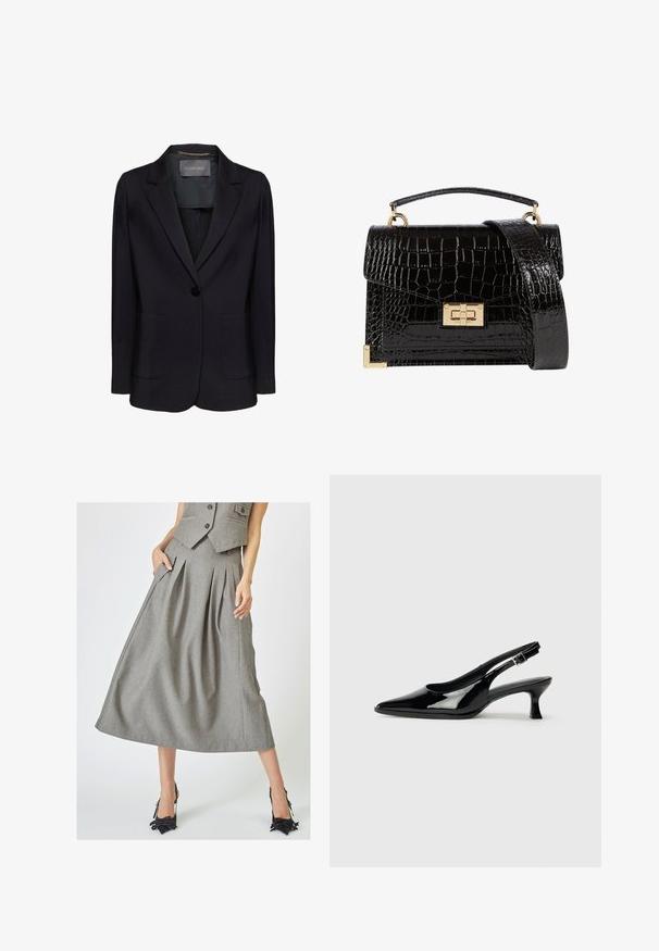 Schwarzer Blazer mit tailliertem Schnitt, einem einzelnen Knopfverschluss und zwei vorderen Taschen. Glattes Material mit Reverskragen und subtilen Details im Innenbereich.; Weißes Langarmhemd aus glattem Stoff mit klassischem Kragen, Knopfverschluss vorne und abgerundetem Saum. Einfaches Design ohne Muster.; Grauer, plissierter Rock aus strukturiertem Stoff mit Seitentaschen und A-Linien-Form, kombiniert mit schwarzen High Heels.; Schwarze Lackleder Slingback-Schuhe mit spitzem Zehenbereich und niedrigem Blockabsatz. Verstellbarer Riemen mit Schnalle am Knöchel.; Schwarz lackierte Handtasche mit Krokodilstruktur, goldfarbenen Hardware, einem oberen Griff und einem abnehmbaren Schulterriemen. Rechteckige Form mit Klappenverschluss.