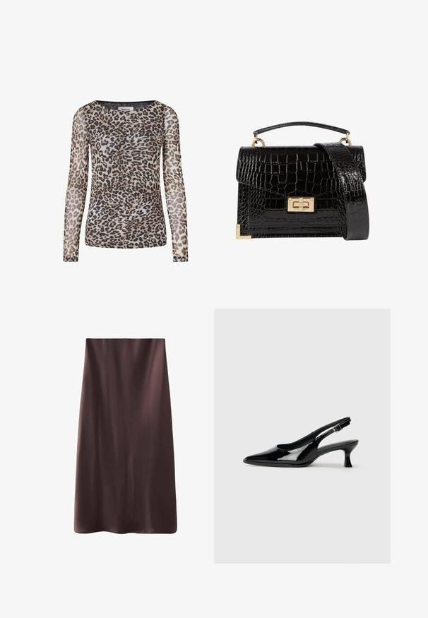 Zwarte blazer met een getailleerde pasvorm, enkele knoopsluiting en twee voorzakken. Glad materiaal met een geknoopte revers en subtiele interieurdetails.; Langsleeve top met luipaardprint in doorzichtig, lichtgewicht materiaal. Heeft een ronde halslijn en gerimpelde details, in tinten van beige, zwart en bruin.; Bruine midi-rok met een gladde, satijnachtige textuur. Eenvoudig ontwerp, rechte vorm en afgewerkte randen voor een nette afwerking. Geen zichtbare sluitingen.; Zwarte lakleren slingback schoenen met een spitse neus en een lage blokhak. Verstelbare gespband bij de enkel.; Zwarte patenten leren handtas met een krokodillenstructuur, gouden hardware, een bovenhandvat en een afneembare schouderband. Rechthoekige vorm met een klepafsluiting.
