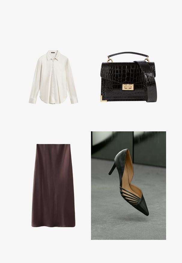 Schwarzer Blazer mit tailliertem Schnitt, einem einzelnen Knopfverschluss und zwei vorderen Taschen. Glattes Material mit Reverskragen und subtilen Details im Innenbereich.; Weißes Langarmhemd aus glattem Stoff mit klassischem Kragen, Knopfverschluss vorne und abgerundetem Saum. Einfaches Design ohne Muster.; Brauner Midirock mit glatter, satinähnlicher Textur. Einfaches Design, gerade Form und gesäumte Kanten für einen sauberen Abschluss. Keine sichtbaren Verschlüsse.; Schwarzer hoher Schuh mit spitzer Zehenpartie, strukturiertem Äußeren und markanten seitlichen Ausschnitten, vor einem neutralen Hintergrund präsentiert.; Schwarz lackierte Handtasche mit Krokodilstruktur, goldfarbenen Hardware, einem oberen Griff und einem abnehmbaren Schulterriemen. Rechteckige Form mit Klappenverschluss.