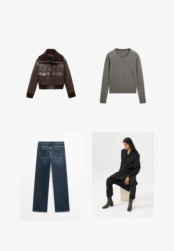Hnědá kožená zkrácená bunda s žebrovaným hnědým límcem, dvěma náprsními kapsami a žebrovanými manžetami na lemu pro těsnější fit.; Šedý svetr s dlouhým rukávem vyrobený z měkké tkaniny, má kulatý výstřih a vroubkované okraje, s mírně zkráceným střihem.; Tmavě modré džíny se rovný střih, přední dvě zadní kapsy a viditelné švy podél švů a okrajů.; Černý tailored oblek s blazerem a zúženými kalhotami, doplněný hnědými kotníkovými botami. Hladká textura, minimalistický design, žádné viditelné vzory.