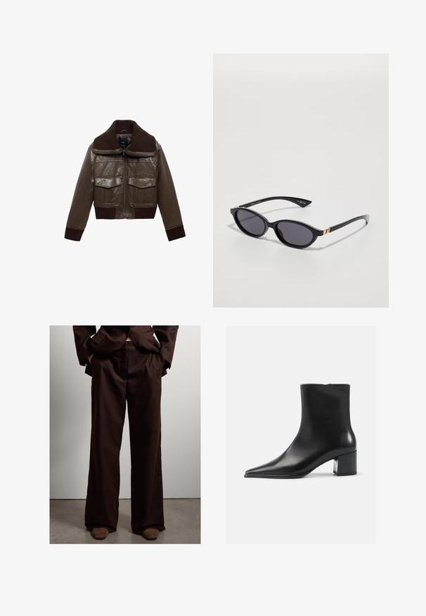 Braune Lederjacke im Cropped-Stil mit einem gerippten braunen Kragen, zwei Brusttaschen und gerippten Bündchen am Saum für eine enge Passform.; Grauer langärmeliger Pullover aus weichem Stoff, mit Rundhalsausschnitt und gerippten Kanten, in leicht verkürztem Design.; Braune weit geschnittene Hosen aus weichem Stoff, mit einer glatten Textur, seitlichen Taschen und einem taillierten Schnitt in der Taille.; Schwarze Lederschnürstiefelette mit spitzer Zehenform, glatter Textur und mittelhohem Blockabsatz. Minimalistisches Design, Reißverschluss hinten.; Schwarze Sonnenbrille mit ovalen Gläsern, dunklem Verlaufstönung und schlanken Bügeln mit dezenten goldenen Akzenten. Glatte Kunststoffoberfläche.