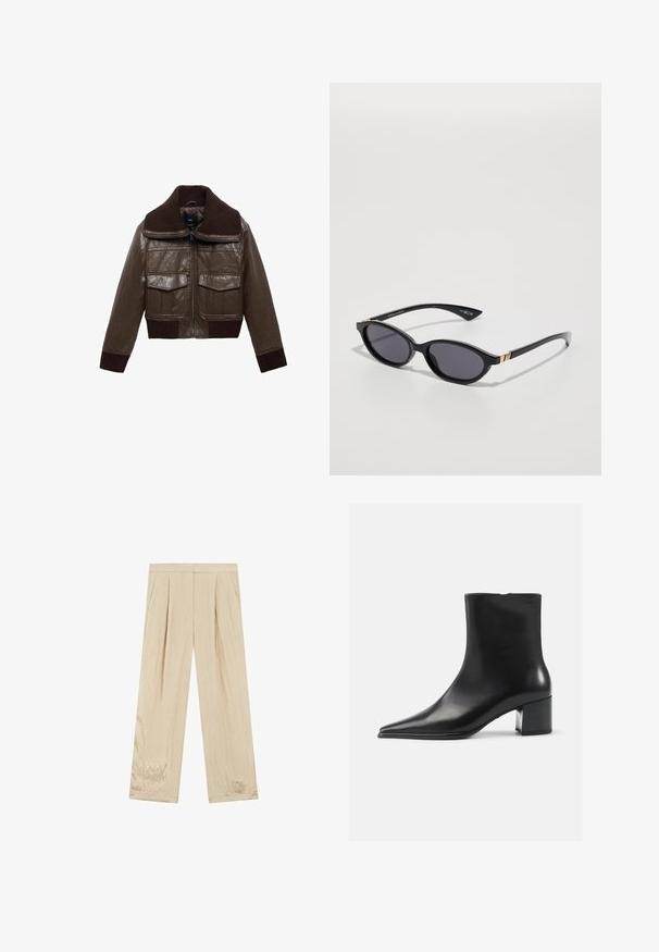 Bruin leren cropped jack met een geribbelde bruine kraag, twee borstzakken en geribbelde manchetten aan de zoom voor een stevige pasvorm.; Grijze lange mouwtrui gemaakt van zachte stof, met een ronde hals en ribbelzomen, in een iets cropped ontwerp.; Beige, wijde broek met plooien; gemaakt van een gemêleerde stof met een subtiele glans; rechte zoom; geen zichtbare zakken of versieringen.; Zwarte leren enkellaars met een spitse neus, een soepele textuur en een middenblokhak. Minimalistisch ontwerp, ritssluiting aan de achterkant.; Zwarte zonnebril met ovale glazen, donkere verloop-tint en slanke pootjes met subtiele gouden accenten. Glad plastic afwerking.