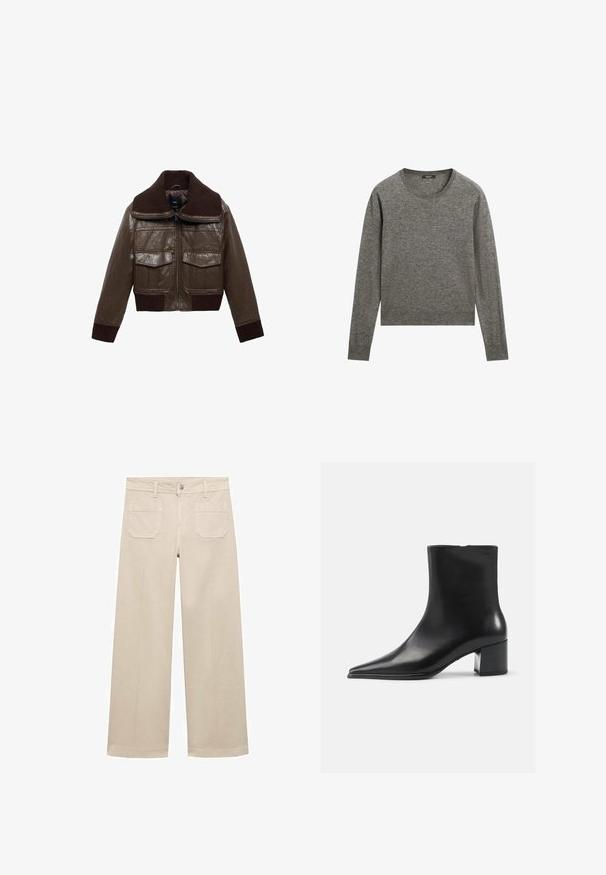 Brun læder cropped jakke med en ribbet brun krave, to brystlommer og ribbede manchetter i kanten for en tætsiddende pasform.; Grå langærmet sweater lavet af blødt stof, med rund hals og ribbede kanter, og en let cropped design.; Beige brede bukser lavet af bomuld. Udstyret med lynlås i skridtet, en frontknap og to påsydede lommer på bagsiden. Ren kant uden decoration.; Sort læder ankelstøvle med spidse tæer, glat tekstur og mellemhøj blokhæl. Minimalistisk design, lynlås lukning bagpå.