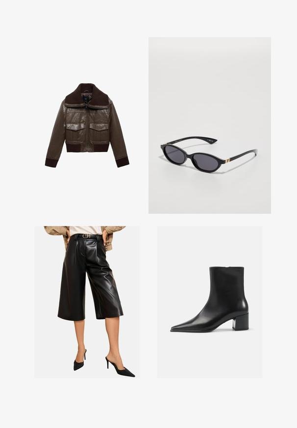 Hnědá kožená zkrácená bunda s žebrovaným hnědým límcem, dvěma náprsními kapsami a žebrovanými manžetami na lemu pro těsnější fit.; Šedý svetr s dlouhým rukávem vyrobený z měkké tkaniny, má kulatý výstřih a vroubkované okraje, s mírně zkráceným střihem.; Černé kalhoty z imitace kůže s širokým střihem nohavic, s předními sklady a vysokým pasem s opaskem. Hladká textura s lesklým povrchem.; Černá kožená kotníková bota s špičatou špičkou, hladkým povrchem a středním blokovým podpatkem. Minimalistický design, zapínání na zip na zadní straně.; Černé sluneční brýle s oválnými čočkami, tmavým gradientním zabarvením a štíhlými rameny s jemnými zlatými akcenty. Hladký plastový povrch.