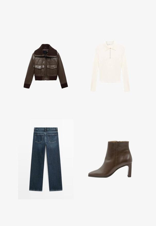 Brun læder cropped jakke med en ribbet brun krave, to brystlommer og ribbede manchetter i kanten for en tætsiddende pasform.; Langærmet cremefarvet polo shirt lavet af blødt stof, med en klassisk krave og syv små sølvknapper nedad fronten.; Mørkeblå denimjeans i lige snit med to baglommer og synlig syning langs sømme og kanter.; Brun læder ankelstøvle med spids tå, blokhæl og lynlås på siden, vist mod en hvid baggrund.