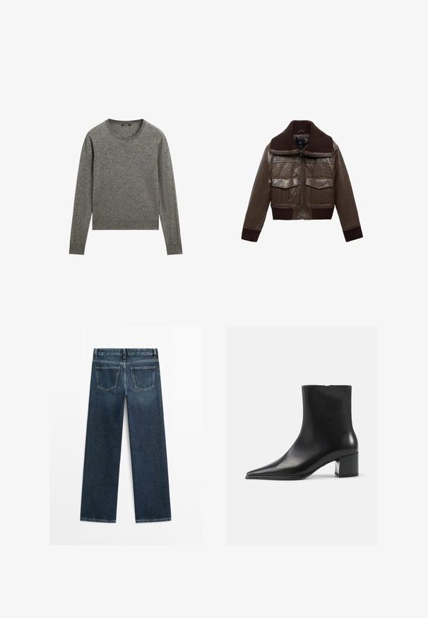 Braune Lederjacke im Cropped-Stil mit einem gerippten braunen Kragen, zwei Brusttaschen und gerippten Bündchen am Saum für eine enge Passform.; Grauer langärmeliger Pullover aus weichem Stoff, mit Rundhalsausschnitt und gerippten Kanten, in leicht verkürztem Design.; Dunkelblaue Jeans im geraden Schnitt, mit zwei Gesäßtaschen und sichtbaren Nähten entlang der Nähte und Säume.; Schwarze Lederschnürstiefelette mit spitzer Zehenform, glatter Textur und mittelhohem Blockabsatz. Minimalistisches Design, Reißverschluss hinten.