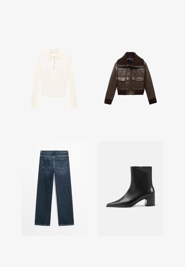 Bruin leren cropped jack met een geribbelde bruine kraag, twee borstzakken en geribbelde manchetten aan de zoom voor een stevige pasvorm.; Crème polo shirt met lange mouwen gemaakt van zachte stof, met een klassieke kraag en zeven kleine zilveren knopen aan de voorkant.; Donkerblauwe spijkerbroek met een rechte snit, voorzien van twee achterzakken en zichtbare stiksels langs de naden en randen.; Zwarte leren enkellaars met een spitse neus, een soepele textuur en een middenblokhak. Minimalistisch ontwerp, ritssluiting aan de achterkant.