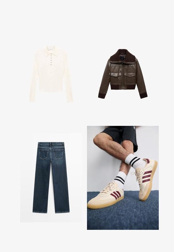 Hnědá kožená zkrácená bunda s žebrovaným hnědým límcem, dvěma náprsními kapsami a žebrovanými manžetami na lemu pro těsnější fit.; Krémová polo košile s dlouhým rukávem vyrobená z měkké tkaniny, s klasickým límcem a sedmi malými stříbrnými knoflíky vpředu.; Tmavě modré džíny se rovný střih, přední dvě zadní kapsy a viditelné švy podél švů a okrajů.; Béžové tenisky s kaštanovými pruhy, texturovaný svršek a podešev z gumy, spárované s bílými ponožkami s ribbovaným vzorem a černými pruhy.