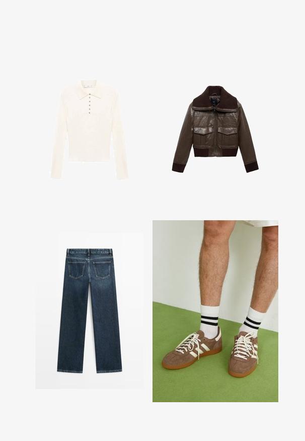 Braune Lederjacke im Cropped-Stil mit einem gerippten braunen Kragen, zwei Brusttaschen und gerippten Bündchen am Saum für eine enge Passform.; Langärmliges Poloshirt in Cremefarbe aus weichem Material, mit einem klassischen Kragen und sieben kleinen silbernen Knöpfen auf der Vorderseite.; Dunkelblaue Jeans im geraden Schnitt, mit zwei Gesäßtaschen und sichtbaren Nähten entlang der Nähte und Säume.; Braune Wildleder-Sneaker mit weißen Akzenten und Schnürsenkeln. Gummisohle in Kautschuk-Optik. Getragen mit weißen Socken, die schwarze Streifen haben. Grüner strukturierter Fußboden.