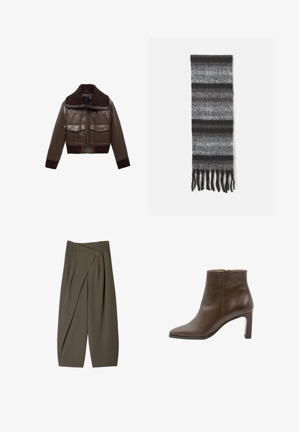 Braune Lederjacke im Cropped-Stil mit einem gerippten braunen Kragen, zwei Brusttaschen und gerippten Bündchen am Saum für eine enge Passform.; Weißes Langarmoberteil mit weitem Ausschnitt, seitlichen Schlitzen und einem glatten, leichten Stoff, das ein einfaches, minimalistisches Design aufweist.; Weite Hose aus dunkelolivgrünem Stoff mit einem gefältelten Vorderdesign, einem Knopfverschluss und einer glänzenden, strukturierten Oberfläche.; Braune Leder-Ankelstiefel mit spitzer Zehe, Blockabsatz und seitlichem Reißverschluss, vor einem weißen Hintergrund gezeigt.; Grau gestreifter Schal in verschiedenen Grautönen, mit einer weichen Textur und fransigen Kanten für einen lässigen Abschluss.; Beige gesteppte Tragetasche mit zwei Griffen, runder Form, strukturiertem Stoff und einer seitlichen Kordelzugtasche. Glatte Oberfläche, minimalistisches Design.