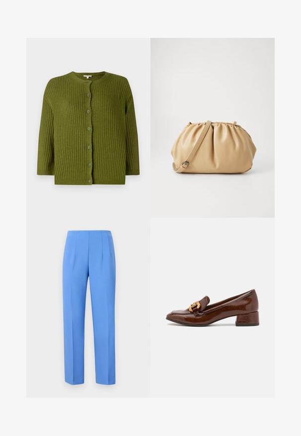 Dvigubos eilės sakai šviesiai mėlynos medžiagos. Turi iškilusias apykakles, dvi priekinės kišenes, krūtinės kišenę ir lygų vidinį pamušalą.; Žalias smulkiai susiūtas megztinis su ilgomis rankovėmis ir septyniais derančiais mygtukais priekyje, turintis apvalų iškirpimą ir tiesų apdailą.; Balta bluzelė su vertikaliomis juostelėmis, trumpomis pūstomis rankovėmis, apvaliu kaklo iškirpimu ir surinkta peplumo apačia. Pagaminta iš lengvos, tekstūruotos medžiagos.; Mėlynos pritaikytos kelnės, pagamintos iš sklandžios medžiagos, su šoninėmis raukšlėmis, tiesaus kirpimo ir švaria juosmens linija. Be matomų metalinių elementų ar raštų.; Rudos odinės loafer'iai su blizgiu paviršiumi, dėlionis auksinis užsegimas priekyje ir žemas blokinis kulnas. Klasikinis dizainas.; Rudos odos rankinė su raukšlėta forma, reguliuojama dirželiu ir apvalia forma. Minimalistinė ženklinimo detalė priekyje.