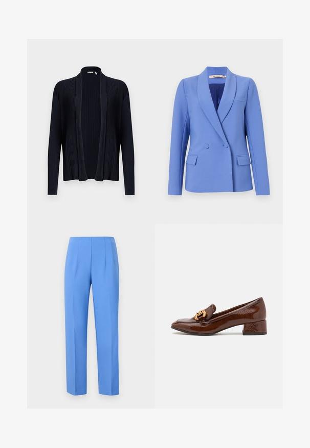 Doppelt brustblazer aus einem hellblauen Stoff. Verfügt über Spitzrevers, zwei Fronttaschen, eine Brusttasche und ein glattes Innenfutter.; Dunkelblauer Cardigan mit gerippter Struktur, offenem Vorderteil, langen Ärmeln und Schalkragen. Aus einem glatten, dehnbaren Stoff gefertigt.; Weiße Bluse mit vertikalen Streifen, kurzen Puffärmeln, rundem Ausschnitt und gerafftem Peplum-Saum. Hergestellt aus leichtem, strukturiertem Stoff.; Blaue, maßgeschneiderte Hosen aus glattem Stoff mit seitlichen Falten, geradem Schnitt und einem schlichten Bund. Keine sichtbaren Beschläge oder Muster.; Braune Lederloafers mit glänzender Oberfläche, ausgestattet mit einer dekorativen goldenen Schnalle an der Vorderseite und einem niedrigen Blockabsatz. Klassisches Design.