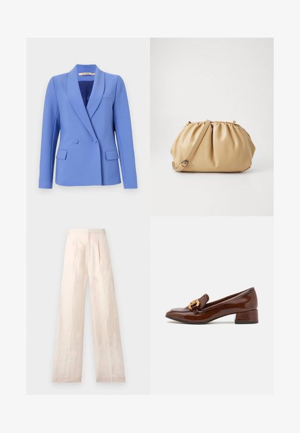 Dvojradový sáčok z svetlomodrej látky. Obsahuje špicaté klopy, dve predné vrecká, jedno vrecko na prsách a hladkú podšívku.; Biela blúzka s vertikálnymi pruhmi, krátkymi nariasenými rukávmi, okrúhlym výstrihom a nariaseným peplum spodkom. Vyrobená z ľahkej, textúrovanej látky.; Bežové nohavice so širokými nohavicami vyrobené z ľanu s hladkou textúrou, s prednými záhybmi a jednoduchým dizajnom pásu.; Hnedé kožené loafers s lesklým povrchom, s dekoratívnym zlatým prackom na prednej strane a nízkym blokovým podpätkom. Klasický dizajn.; Hnedá kožená kabelka s plisovaným dizajnom, nastaviteľným popruhom a zaobleným tvarom. Minimalistické logo na prednej strane.