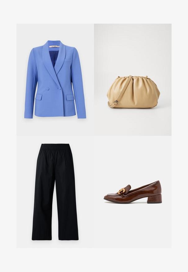 Dvostrani sako od svijetloplave tkanine. Ima izbočene reveri, dva prednja džepa, džep na prsima i glatku unutarnju oblogu.; Bijela bluzica s vertikalnim prugama, kratkim puf rukavima, okruglim izrezom i naboranim peplum rubom. Izrađena od lagane, teksturirane tkanine.; Crne široke hlače s elastičnim pojasom, izrađene od glatkog, laganog materijala i s opuštenim krojem. Bez džepova ili vidljivih ukrasa.; Smeđe kožne mokasine s sjajnom završnom obradom, s ukrasnom zlatnom kopčom sprijeda i niskim blok petama. Klasičan dizajn.; Torbica od svijetlosmeđe kože s nabranim dizajnom, podesivim remenom i zaobljenim oblikom. Minimalistički brend na prednjoj površini.