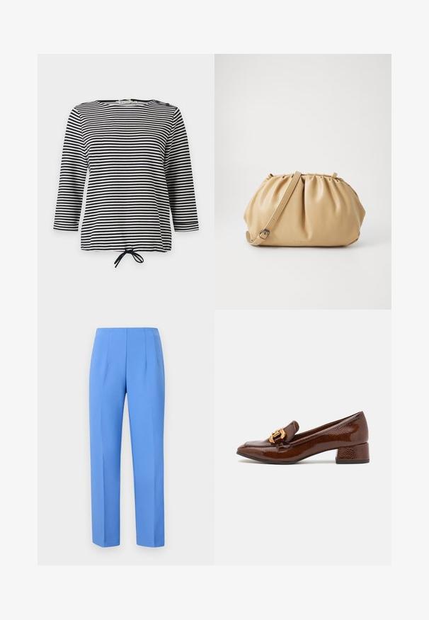 Kaksiriviiline bleiser helesinisest kangast. Omab ulatuvaid kraesid, kahte esist taskut, ühte rinnataskut ning sujuvat sisetaskut.; Riba mustras mustrekroides ja valge, millel on kolmveerandsleeved ja tõmbluku äär, valmistatud pehmest kangast, millel on mugav lõige.; Sinise pritsiga külgmiste voldikutega stiled püksid, mis on valmistatud siledast kangast ja millel on sirge lõige ning puhas vöökoht. Ei mingeid nähtavaid metallosi ega mustreid.; Pruunid nahast loafersid läikiva viimistlusega, esiosal dekoratiivne kuldne pannal ja madal plokk konts. Klassikaline disain.; Kohvitooni nahkkott, millel on pleekitud disain, reguleeritav rihm ja ümar kuju. Minimalistlik bränding esipinnal.