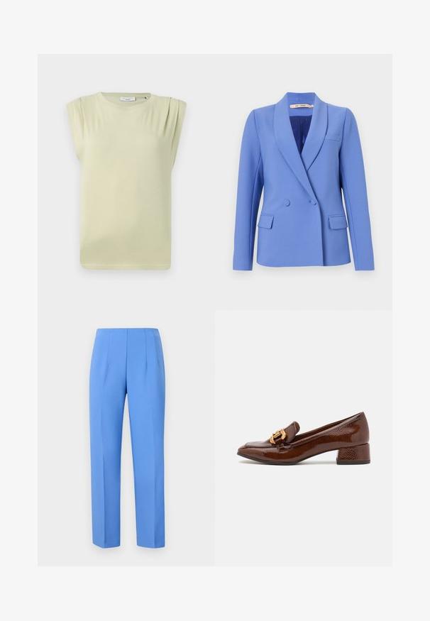 Dubbele-breasted blazer in een lichtblauwe stof. Beschikt over een piekende revers, twee voorke pocketen, een borstzak en een gladde binnenvoering.; Lichtgroene, kortekorte top met een relaxte pasvorm. Bevat subtiele schouderplooien en een ronde hals. Zacht, glad materiaal.; Blauwe op maat gemaakte broek van gladde stof met zijplooien, met een rechte snit en een nette tailleband. Geen zichtbare hardware of patronen.; Bruine leren loafers met een glanzende afwerking, met een decoratieve gouden gesp aan de voorkant en een lage blokhak. Klassiek ontwerp.