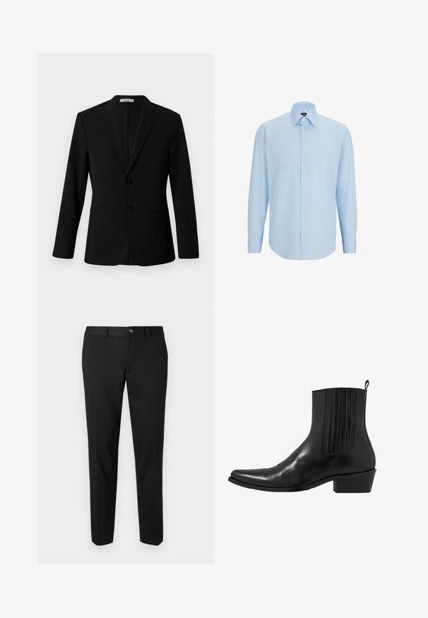 Simított anyagból készült fekete zakó, hajtókás gallérral, két gombbal és oldalsó zsebekkel; testre szabott szabású, hosszú ujjú.; Világoskék, hosszú ujjú ing sima anyagból, gombos elülső résszel, hegyes gallérral és normál szabással.; Fekete nadrág sima anyagból. Egyenes szabású, lapos elejű, gombos záródással és egyszerű derékrésszel rendelkezik.; Fekete bőr ankle boot, hegyes orral, rugalmas oldalpanellel, függőleges varrásokkal és alacsony blokk sarokkal.