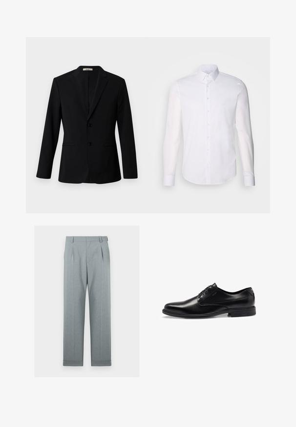 Black blazer made of smooth fabric, featuring a notched lapel, two buttons, and side pockets; tailored fit with long sleeves.; White long-sleeve button-up shirt made from cotton, featuring a classic collar, front buttons, and minimal stitching detail.; Light gray trousers made of a textured fabric with a straight-leg design, single pleats, and cuffed hems. Minimalist and tailored appearance.; Black leather dress shoe with a smooth finish, lace-up design, rounded toe, and subtle stitching details. Features a black rubber sole.
